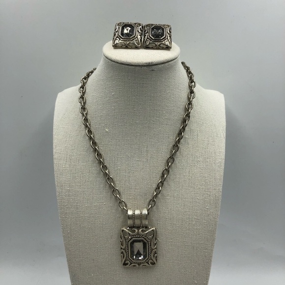Vintage Bali Style Silver Tone Square Statement Necklace and Pierced Earring Set - Picture 3 of 16